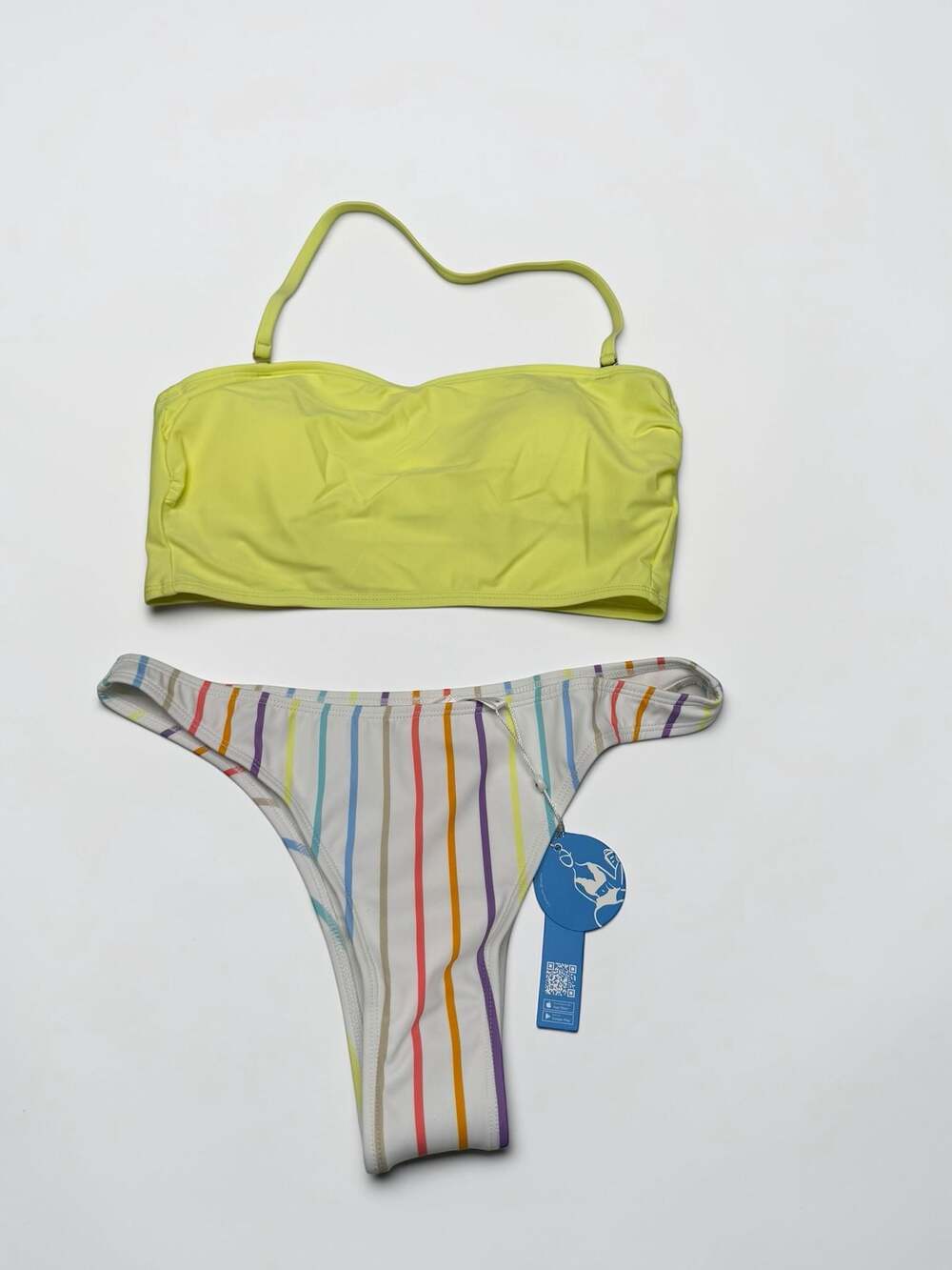 Cupshe Neon Yellow Bandeau Bikini Set White Rainbow Stripe Bottoms‎ Medium NWT